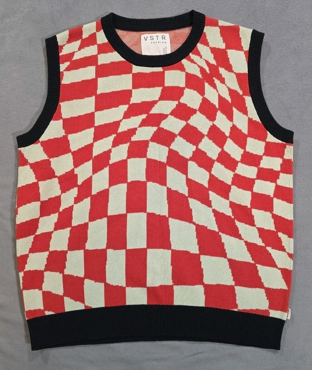 VSTR Men’s XL Sweater Vest Red Beige Check Black Trim Optical Illusion Pattern